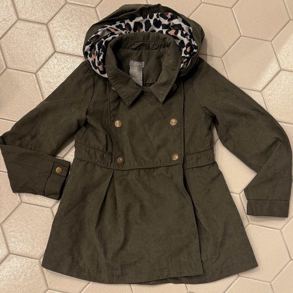 Tahari Kids Olive Pea Coat with Animal Print Hood